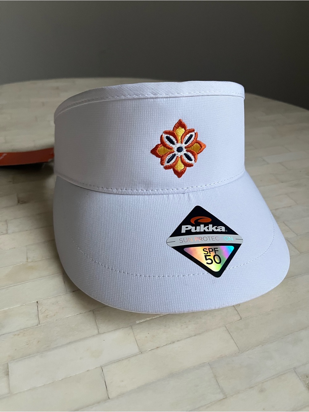 Pukka White Sun Protection Visor SPF 50 Adjustable Strap Embroidered Flower